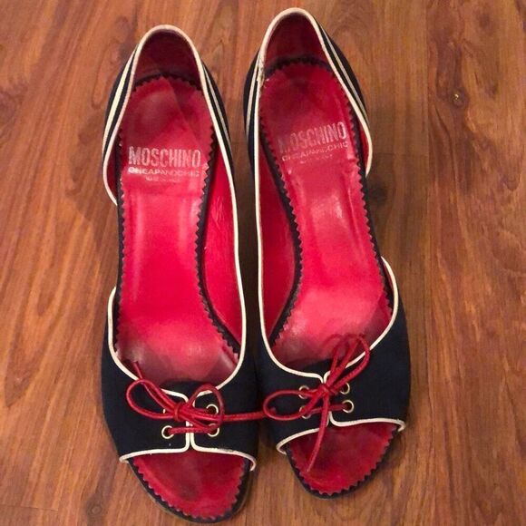 Mochino vintage Navy and beige heels size 7 1/2 open toe￼ - Picture 1 of 9